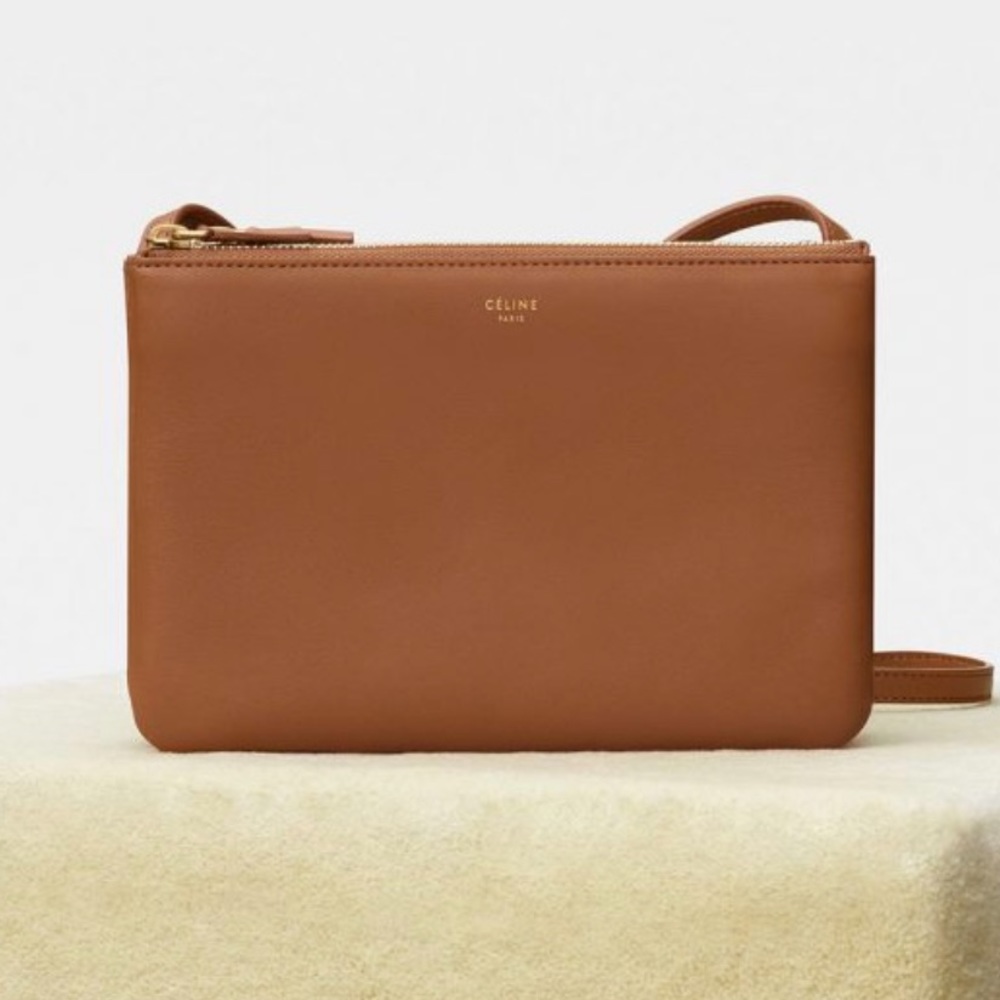 Celine Small Trio Crossbody Shoulder Bag Tan Gold Clutch